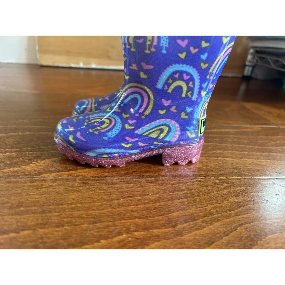 WestKids Purple Rainbow Hearts Rain Boots‎ Glitter Sole Light Up Little Girls 5